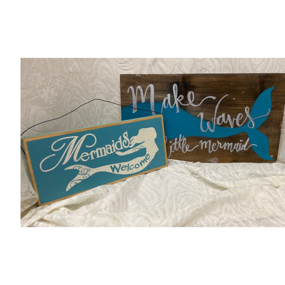 Hand Painted Wood Mermaid Wall‎ Art Signs Set 2 Make Waves Mermaids Welcome Teal